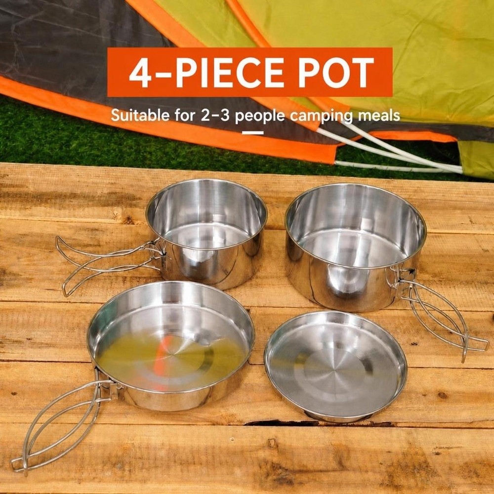 4 Pcs Portable Stainless Steel - Camping Cooking Set For 4 ulasan dan harga